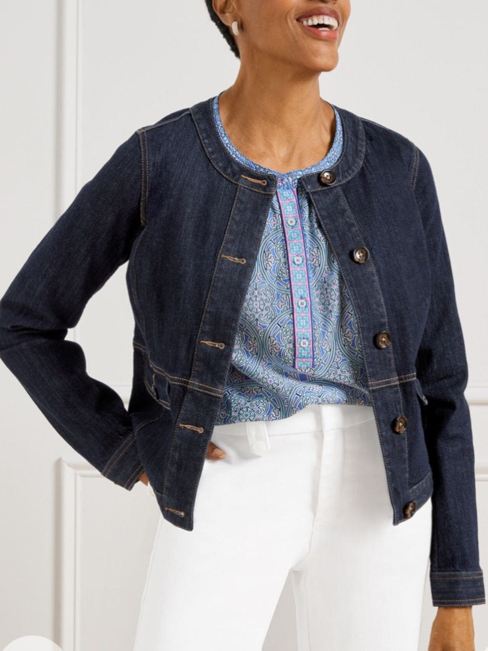 Talbots Collarless Jean Jacket Vintage Indigo Denim Button Front Sz Xl